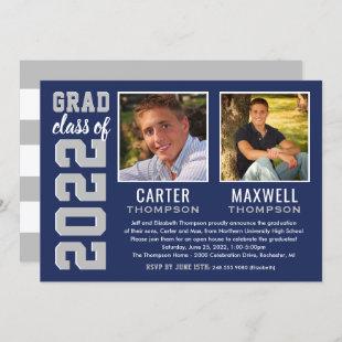Two Graduates Navy Gray Graduation Party Photo Invitation