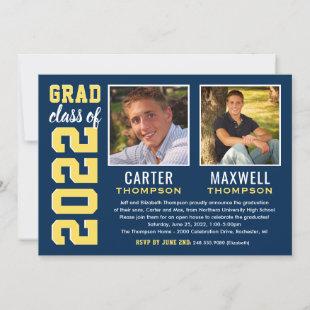 Two Graduates Navy Yellow Graduation Party Photo Invitation