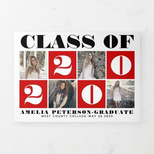 Typography Class of 2020 photo collage red Tri-Fold Announcement