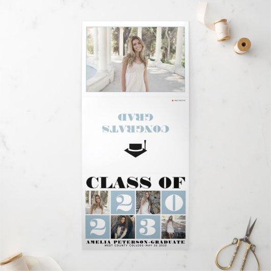 Typography Class of 2023 photo collage dusty blue Tri-Fold Announcement