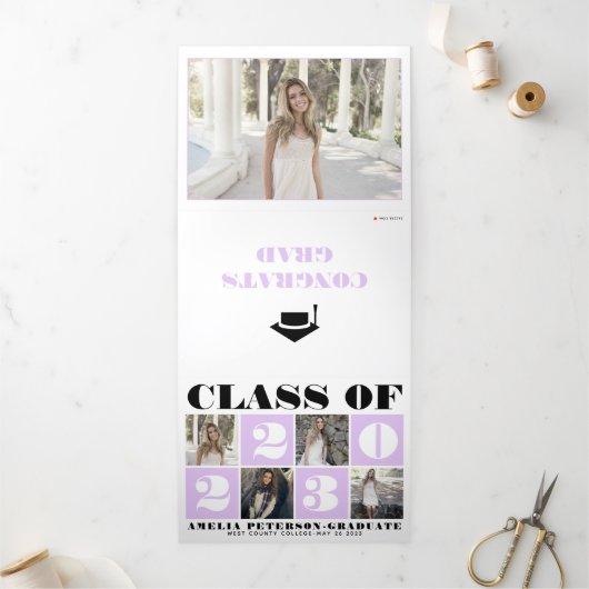 Typography Class of 2023 photo collage lavender Tri-Fold Announcement