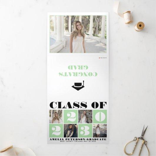 Typography Class of 2023 photo collage mint green Tri-Fold Announcement