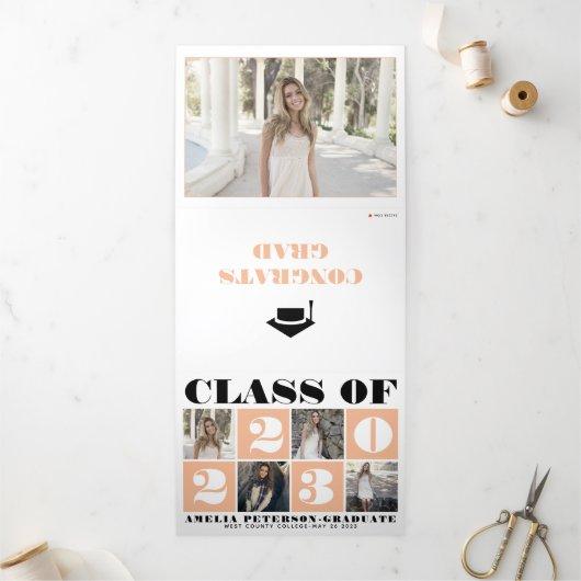 Typography Class of 2023 photo collage peach Tri-Fold Announcement
