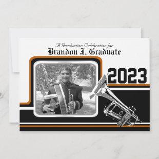Varsity Band Trumpet Graduation Photo Orange Invitation