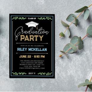Varsity Typography Black Blue Graduation Party Invitation