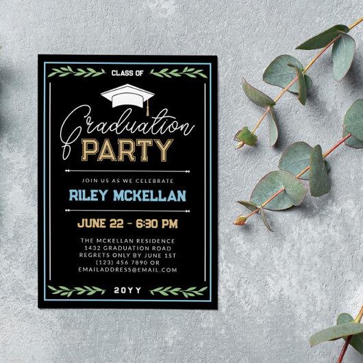 Varsity Typography Black Blue Graduation Party Invitation
