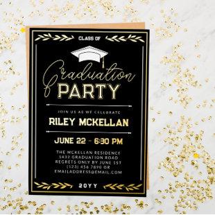 Varsity Typography Black Gold Graduation Party Foil Invitation