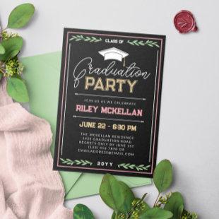 Varsity Typography Black Pink Graduation Party Invitation