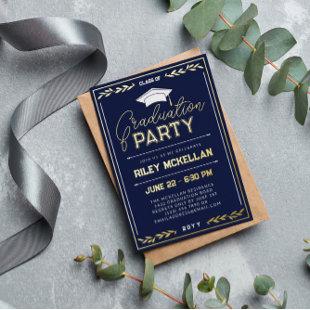 Varsity Typography Navy Gold Graduation Party Foil Invitation