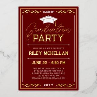 Varsity Typography Red Gold Graduation Party Foil Invitation