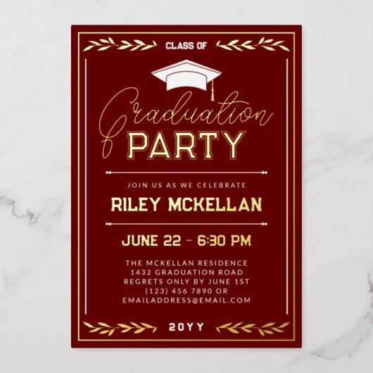 Varsity Typography Red Gold Graduation Party Foil Invitation