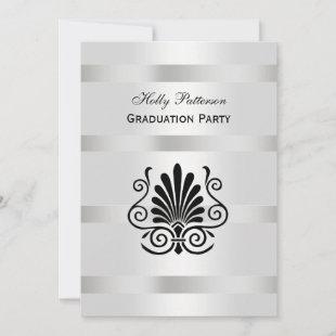 Vintage Art Deco Plume Black White V Graduation Invitation