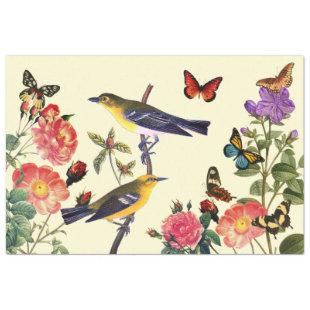 Vintage Art Yel. Birds Flowers Pale Yel. Decoupage Tissue Paper