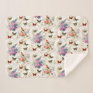 Vintage Bird Art, Flowers, Butterflies Old Letters Sherpa Blanket