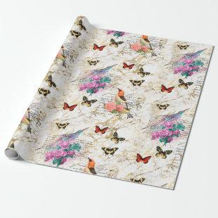 Vintage Bird Art, Flowers, Butterflies Old Letters Wrapping Paper