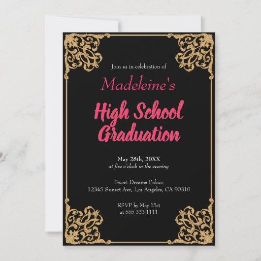 Vintage Black Gold Baroque Frame Pink Graduation  Invitation