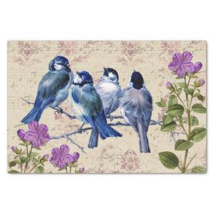 Vintage Blue Birds, Purple Flowers, Beige Music Tissue Paper