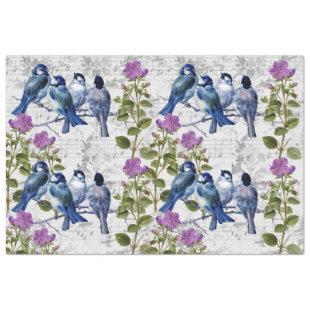 Vintage Blue Birds, Purple Flowers, Grey Music Tissue Paper