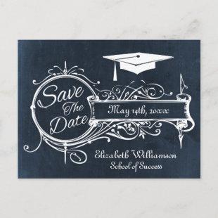 Vintage Blue Chalk Graduation Save The Date Announcement Postcard