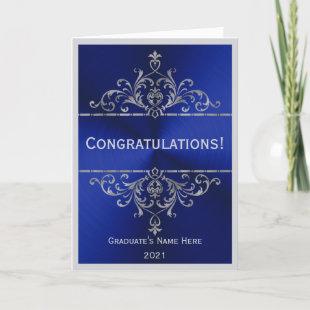 Vintage Blue Silver Name Congratulation Graduation Card