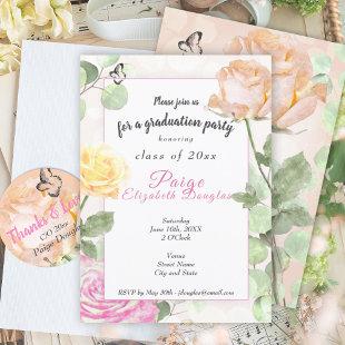 Vintage Botanical Dusty Peach, Pink Graduation Invitation