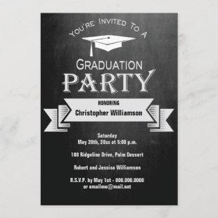 Vintage Chalkboard Grad Cap Graduation Party Invitation