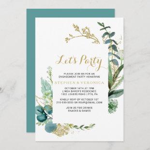 Vintage Gold and Green Eucalyptus Let's Party Invitation