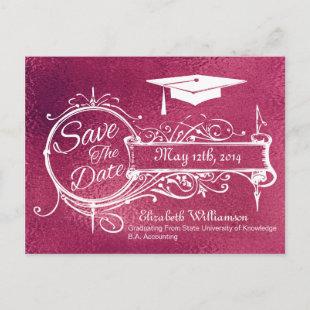 Vintage Graduation  Faux Pink Foil Save The Date Announcement Postcard