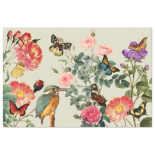 Vintage Kingfisher Flowers Butterflies Decoupage 3 Tissue Paper
