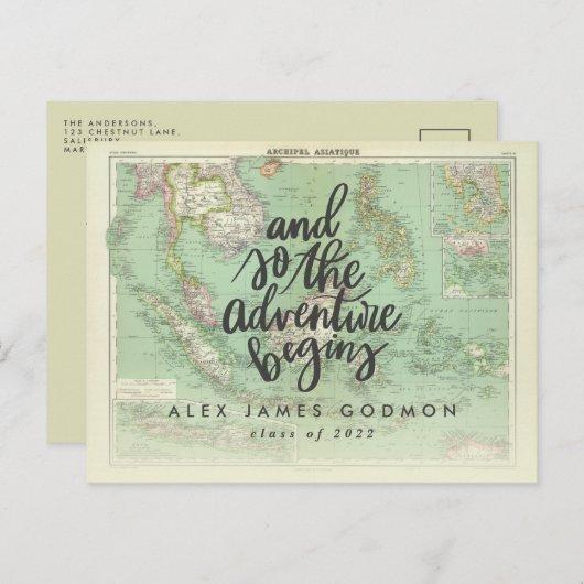 Vintage map adventure begins unique graduation invitation postcard
