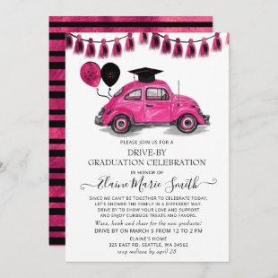 Vintage Pink Beetle Balloons Drive By Graduation Invitation
