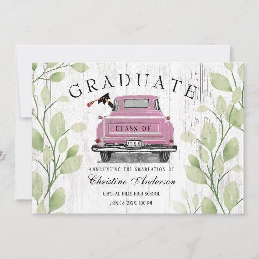 Vintage Pink Truck Rustic Greenery 2023 Graduation Announcement
