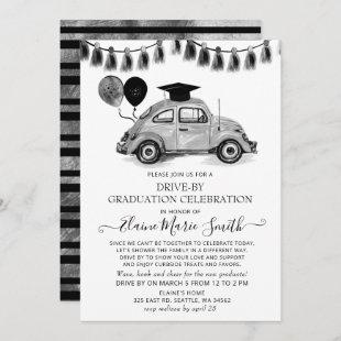 Vintage Silver Beetle Balloons Drive By Graduation Invitation