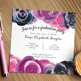 Violet, Blue Botanical Roses Graduation Party Invitation