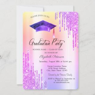 Violet Glitter Drips,Grad Cap Graduation  Invitation