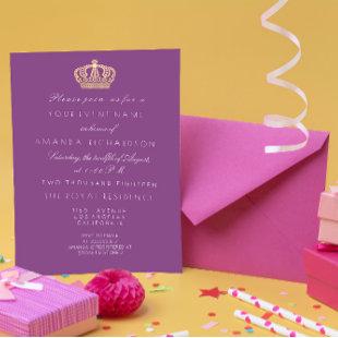 Violet Purple Golden Crown Royal Pastel White Invitation