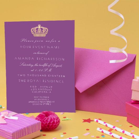 Violet Purple Golden Crown Royal Pastel White Invitation