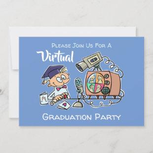 Virtual Graduation Party Funny Cartoon Blue Invitation