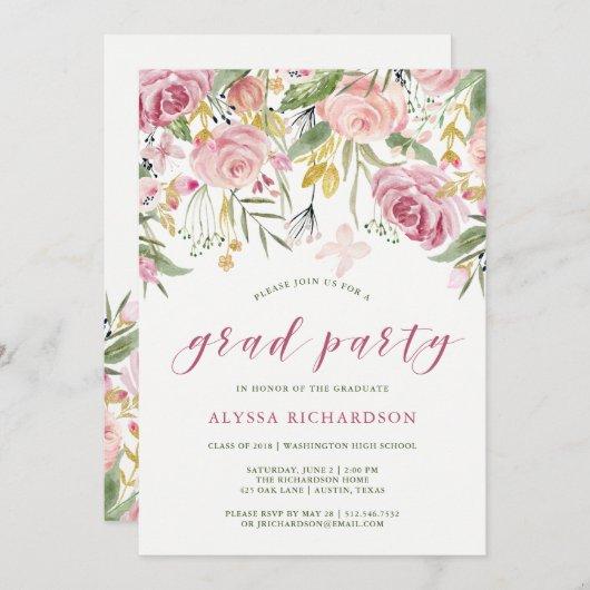 Watercolor Blooms Pink and Gold Graduation Party Invitation
