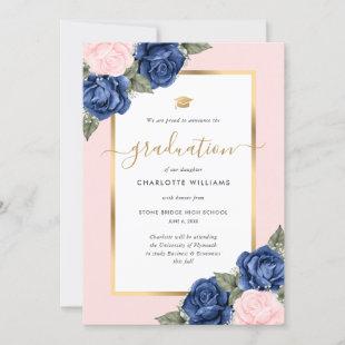 Watercolor Blue Blush Pink Gold Floral Graduation Announcement