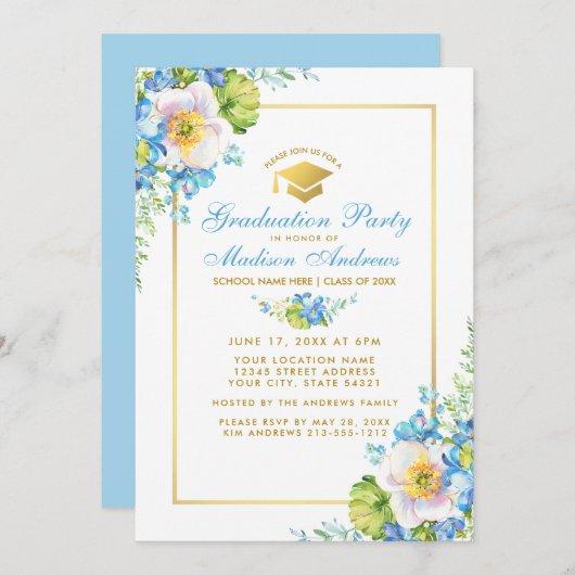 Watercolor Blue Floral Gold Grad Party Invite B