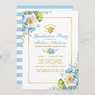 Watercolor Blue Floral Gold Grad Party Invite S