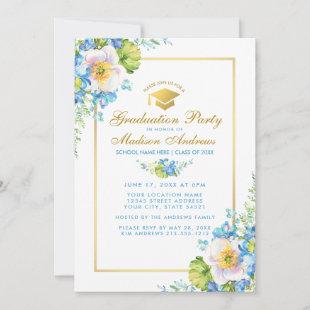 Watercolor Blue Floral Grad Party Gold Invite