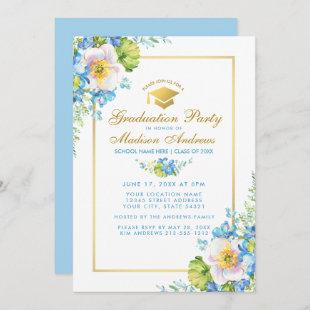 Watercolor Blue Floral Grad Party Gold Invite B