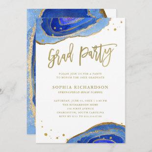Watercolor Blue Geode with Gold Graduation Party Invitation