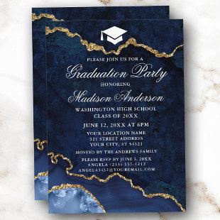 Watercolor Blue Gold Marble Agate Graduation Party Invitation