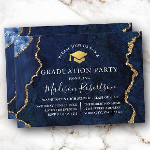 Watercolor Blue Marble Gold Cap Grad Party Invitation