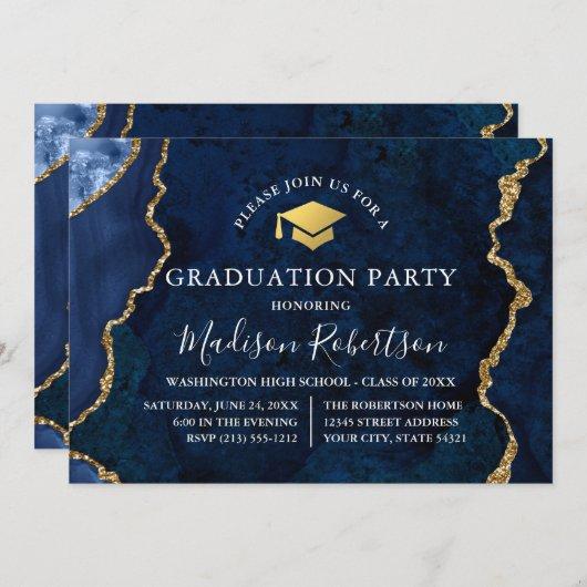 Watercolor Blue Marble Gold Cap Grad Party Invitation