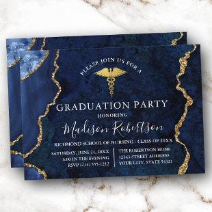 Watercolor Blue Marble Gold Medical Grad Party Invitation