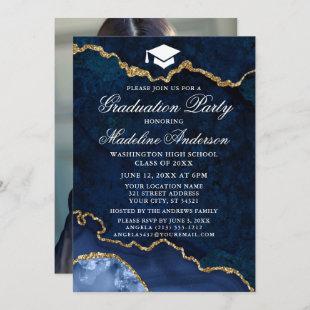Watercolor Blue Marble Graduation Party Photo Invitation